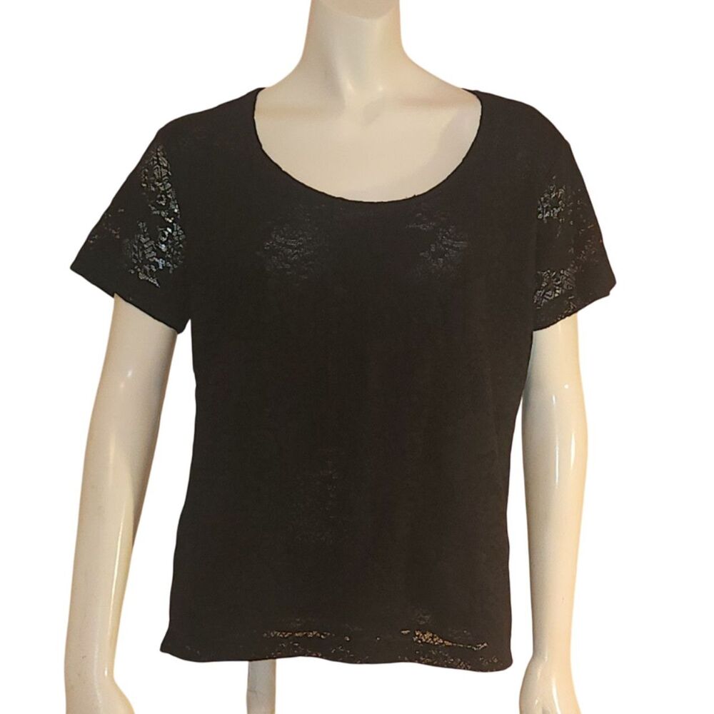 Covington Short Sleeve Black Lace Overlay Blouse Womens Size LP